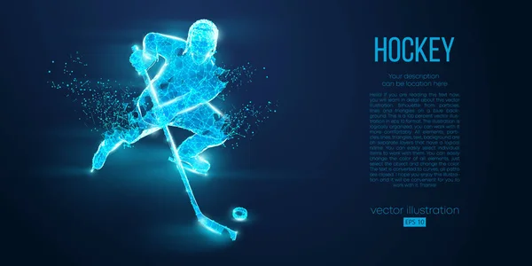 Abstracte silhouet van een hockeyspeler uit deeltjes. Stippen, lijnen, driehoeken tekstkleureffecten en achtergrond op een aparte laag. Lage poly neon draad omtrek geometrische veelhoekige vector illustratie — Stockvector