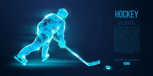 Abstrakte Silhouette eines Hockeyspielers aus Partikeln. Punkte, Linien, Dreiecke Text Farbeffekte und Hintergrund auf einer separaten Ebene. Low-Poly-Neon-Draht Umriss geometrische polygonale Vektorillustration — Stockvektor