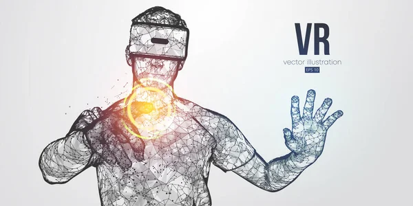 VR headset holographic low poly wireframe vector banner. Polygonal man wearing virtual reality glasses, helmet. VR games playing. Particles, dots, lines, triangles on blue background. Neon light. — Stock Vector