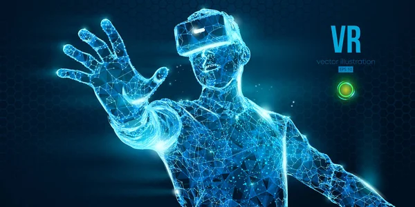 VR headset holographic low poly wireframe vector banner. Polygonal man wearing virtual reality glasses, helmet. VR games playing. Particles, dots, lines, triangles on blue background. Neon light. — 스톡 벡터