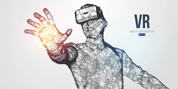 Fone de ouvido VR holográfico baixo poli wireframe vetor banner. Homem poligonal usando óculos de realidade virtual, capacete. Jogos de RV jogando. Partículas, pontos, linhas, triângulos sobre fundo azul. Luz de néon . —  Vetores de Stock