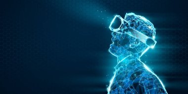 VR headset holographic low poly wireframe vector banner. Polygonal man wearing virtual reality glasses, helmet. VR games playing. Particles, dots, lines, triangles on blue background. Neon light. clipart