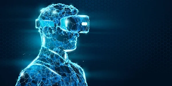 VR headset holographic low poly wireframe vector banner. Polygonal man wearing virtual reality glasses, helmet. VR games playing. Particles, dots, lines, triangles on blue background. Neon light. — 스톡 벡터