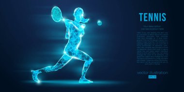 Tenisçi kadın, kadın, top ve raketle soyut silueti. Ayrı bir katman rengindeki tüm elementler başka bir renge dönüştürülebilir. Düşük polyester neon kablo hatları geometrik. Vektör