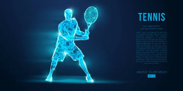 Abstrakte Silhouette eines Tennisspielers, männlich mit Ball und Schläger. Alle Elemente auf einer separaten Ebenenfarbe können zu beliebigen anderen geändert werden. Low-Poly-Neon-Draht Umriss geometrisch. Vektorillustration — Stockvektor