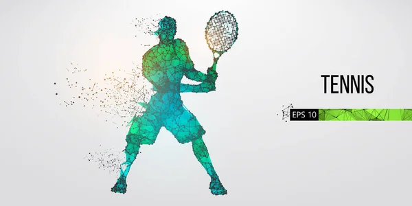 Silueta abstracta del jugador de tenis, macho con pelota y raqueta. Todos los elementos en un color de capas separadas se pueden cambiar a cualquier otro. Bajo poli neón contorno de alambre geométrico. Ilustración vectorial — Vector de stock