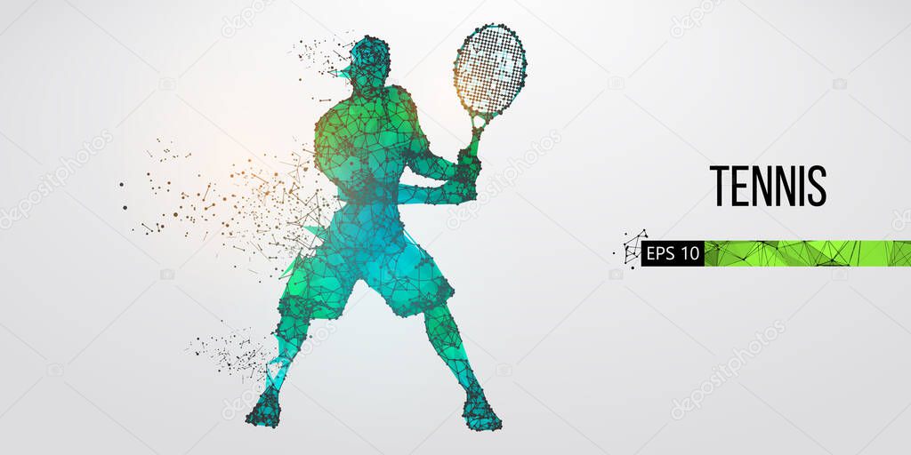 Abstract silhouette of tennis player man, male with ball and racket. All elements on a separate layers color can be changed to any other. Low poly neon wire outline geometric. Vector illustration