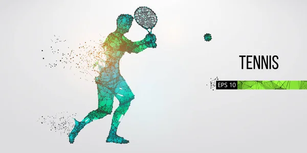 Silhouette abstraite de joueur de tennis homme, mâle avec balle et raquette. Tous les éléments sur une couleur de calque séparée peuvent être changés en n'importe quel autre. Faible poly fil néon contour géométrique. Illustration vectorielle — Image vectorielle