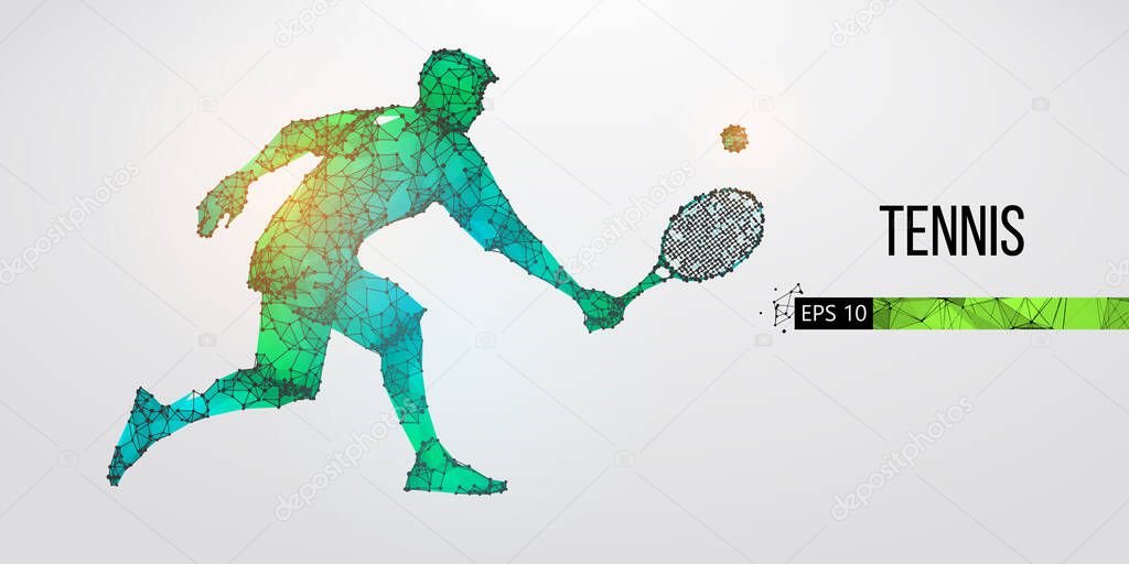 Abstract silhouette of tennis player man, male with ball and racket. All elements on a separate layers color can be changed to any other. Low poly neon wire outline geometric. Vector illustration