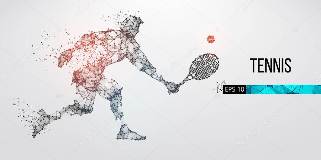 Abstract silhouette of tennis player man, male with ball and racket. All elements on a separate layers color can be changed to any other. Low poly neon wire outline geometric. Vector illustration