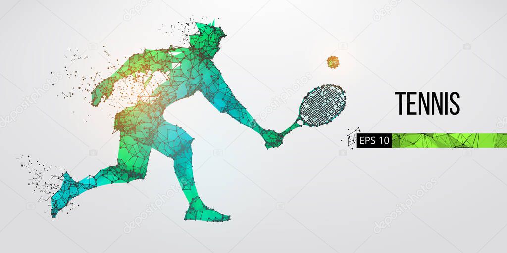Abstract silhouette of tennis player man, male with ball and racket. All elements on a separate layers color can be changed to any other. Low poly neon wire outline geometric. Vector illustration