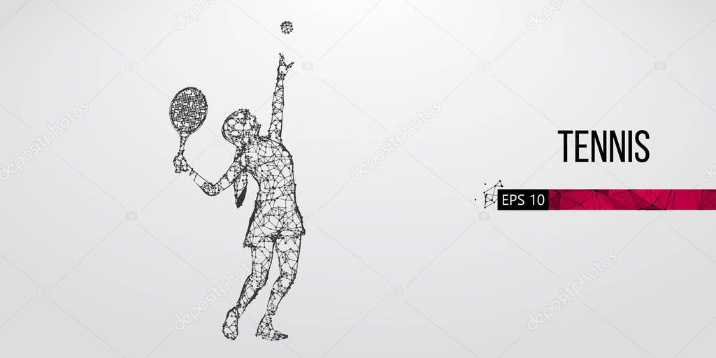 Abstract silhouette of tennis player woman, girl, female with ball and racket. All elements on a separate layers color can be changed to any other. Low poly neon wire outline geometric. Vector