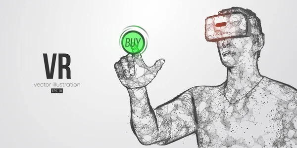 VR compras online. Homem poligonal usando óculos de realidade virtual, capacete. Fone de ouvido VR holográfico baixo poli wireframe vetor banner. Um homem compra uma mercadoria e um produto com um clique. Vetor de fundo branco —  Vetores de Stock