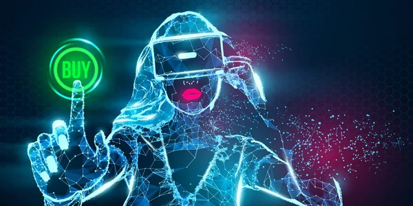 VR compras online. Mulher poligonal, menina vestindo óculos de realidade virtual, capacete. Fone de ouvido VR holográfico baixo poli wireframe vetor banner. Uma mulher compra uma mercadoria e um produto com um clique. Vetor de néon —  Vetores de Stock