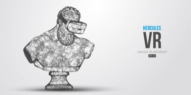 VR kulaklık holografik düşük poligramlı telgraf pankartı. Herkül 'ün çokgen heykelinin soyut silueti, sanal gerçeklik gözlüğü takan adam. VR oyunları. Parçacıklar, beyaz arkaplan üzerindeki çizgiler, vektör