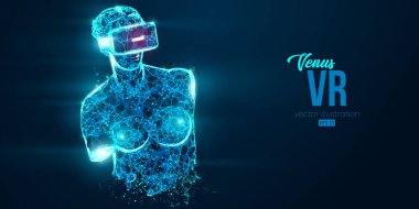 VR kulaklık holografik düşük poligramlı telgraf pankartı. Venüs 'ün çokgen heykelinin soyut silueti, sanal gerçeklik gözlüğü takan kadın. VR oyunları. Mavi arkaplanda parçacıklar, vektör neon