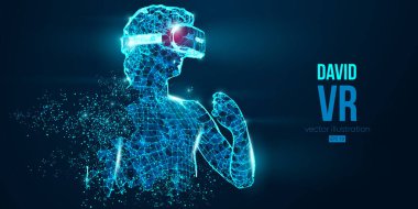 VR kulaklık holografik düşük poligramlı telgraf pankartı. David 'in çokgen heykelinin soyut silueti, sanal gerçeklik gözlüğü takan adam. VR oyunları. Mavi arkaplanda parçacıklar, vektör neon