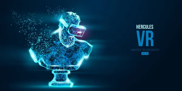 Fone de ouvido VR holográfico baixo poli wireframe banner. Silhueta abstrata da estátua poligonal de Hércules, homem vestindo óculos de realidade virtual. Jogos de RV. Partículas sobre fundo azul, vetor néon —  Vetores de Stock