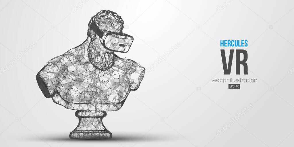 VR headset holographic low poly wireframe banner. Abstract silhouette of the polygonal statue of Hercules, man wearing virtual reality glasses. VR games. Particles, lines on white background, vector