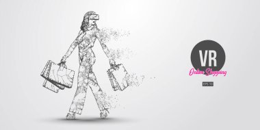 İnternetten alışveriş. Çokgen kadın, sanal gerçeklik gözlüğü takan kız. Güzel, mutlu bir kadın bir alışveriş çantasıyla yürüyor, bir tıklamayla bir şeyler alıyor. Vr kulaklıklı holografik kablo vektörü