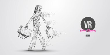 VR online shopping. Polygonal woman, girl wearing virtual reality glasses. Beautiful happy woman is walking with a shopping bags, buy a goods in one click. VR headset holographic wireframe vector clipart