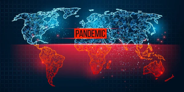 Weltkarte neuartige pandemische Coronavirus COVID-2019. Epidemie breitet sich nach Ländern auf blauem Hintergrund aus. Analyse und Untersuchung eines neuen Virus. Die Erfindung eines Impfstoffs gegen das 2019-nCoV. Vektor — Stockvektor