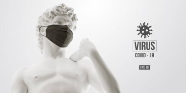 Roman Coronavirus COVID-2019. David 'in beyaz heykeli beyaz arka plandaki maskeli adamı sembolize ediyor. Virüs 2019-nCoV logosu. Ev kavgasında kal. Tıbbi maske ve virüs koruması. Vektör illüstrasyonu