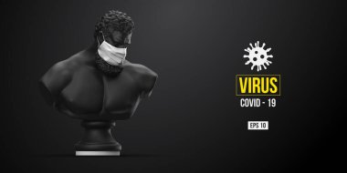 Roman Coronavirus COVID-2019. Herkül 'ün siyah heykeli siyah arka plandaki maskeli adamı sembolize eder. Virüs 2019-nCoV logosu. Ev kavgasında kal. Tıbbi maske ve virüs koruması. Vektör illüstrasyonu