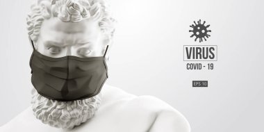 Roman Coronavirus COVID-2019. Herkül 'ün beyaz heykeli beyaz arka plandaki maskeli adamı sembolize eder. Virüs 2019-nCoV logosu. Ev kavgasında kal. Tıbbi maske ve virüs koruması. Vektör illüstrasyonu