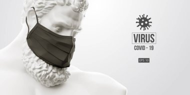 Roman Coronavirus COVID-2019. Herkül 'ün beyaz heykeli beyaz arka plandaki maskeli adamı sembolize eder. Virüs 2019-nCoV logosu. Ev kavgasında kal. Tıbbi maske ve virüs koruması. Vektör illüstrasyonu