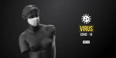 Roman Coronavirus COVID-2019. Venüs 'ün siyah heykeli siyah arka plandaki maskeli adamı sembolize eder. Virüs 2019-nCoV logosu. Ev kavgasında kal. Tıbbi maske ve virüs koruması. Vektör illüstrasyonu