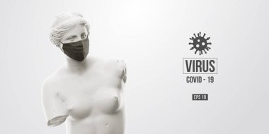 Roman Coronavirus COVID-2019. Venüs 'ün beyaz heykeli beyaz arka plandaki maskeli adamı sembolize eder. Virüs 2019-nCoV logosu. Ev kavgasında kal. Tıbbi maske ve virüs koruması. Vektör illüstrasyonu