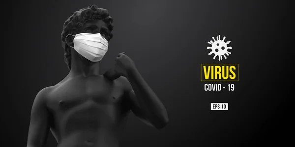 Novel coronavirus COVID-2019 (dalam bahasa Inggris). Patung hitam Daud melambangkan pria bertopeng dengan latar belakang hitam. Logo Virus 2019-nCoV. Tetap di rumah tantangan. Topeng medis dan perlindungan virus. Ilustrasi vektor - Stok Vektor