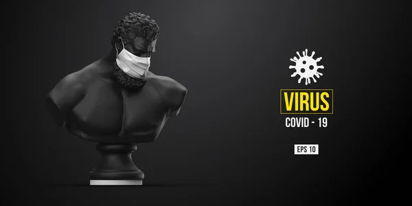 Novel coronavirus COVID-2019 (dalam bahasa Inggris). Patung hitam Hercules melambangkan pria bertopeng dengan latar belakang hitam. Logo Virus 2019-nCoV. Tetap di rumah tantangan. Topeng medis dan perlindungan virus. Ilustrasi vektor - Stok Vektor