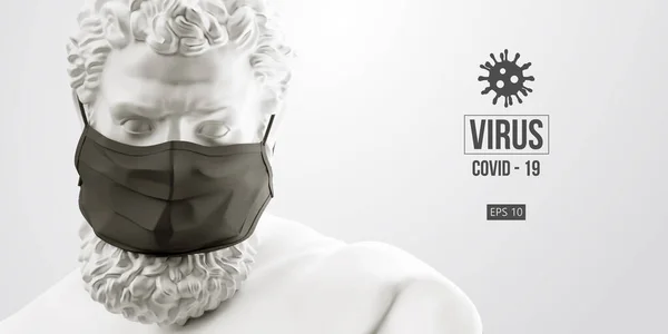 Novel coronavirus COVID-2019 (dalam bahasa Inggris). Patung putih Hercules melambangkan pria bertopeng dengan latar belakang putih. Logo Virus 2019-nCoV. Tetap di rumah tantangan. Topeng medis dan perlindungan virus. Ilustrasi vektor - Stok Vektor