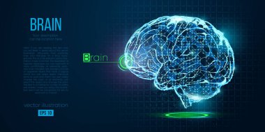 Çokgen kafanın soyut silueti, mavi arka planda beyin. İnsan düşüncesinin işleyişi. İnsan beyninin araştırma ve teşhisi. Holografik düşük yalan makinesi, kablo grafiği vektörü. İzlediğiniz için teşekkürler. 