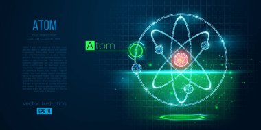 Mavi arkaplandaki çokgen atomların soyut silueti. Dünya atomlarını tarıyor, araştırıyor, inceliyor. Holografik düşük yalan makinesi, kablo grafiği vektörü. İzlediğiniz için teşekkürler.