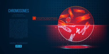 Mavi arkaplandaki çokgen kromozomların soyut silueti. Tarıyorum, araştırıyorum, insan kromozomlarını inceliyorum. Holografik düşük yalan makinesi, kablo grafiği vektörü. İzlediğiniz için teşekkürler.