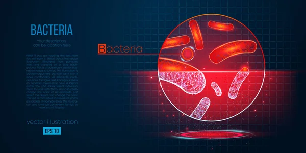 Silueta abstracta de las bacterias poligonales sobre fondo azul. Escaneo, investigación, estudio del mundo de las bacterias. Holográfico de baja poli, vector de marco de alambre. Gracias por mirar. — Vector de stock