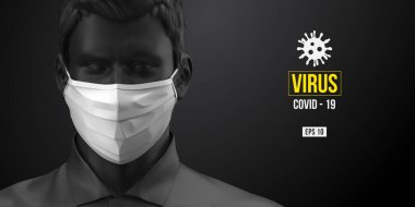 Roman Coronavirus COVID-2019. Siyah arka planda beyaz maskeli siyah elbiseli adam. Virüs 2019-nCoV logosu. Evde kal. Evden çalışıyorum. Tıbbi maske ve virüs koruması. Vektör illüstrasyonu