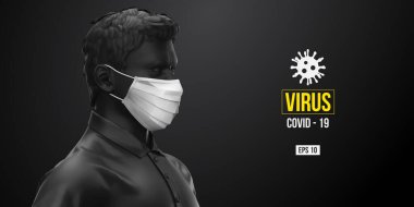 Roman Coronavirus COVID-2019. Siyah arka planda beyaz maskeli siyah elbiseli adam. Virüs 2019-nCoV logosu. Evde kal. Evden çalışıyorum. Tıbbi maske ve virüs koruması. Vektör illüstrasyonu