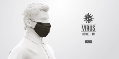 Roman Coronavirus COVID-2019. Beyaz arka planda siyah maskeli beyaz bir adam. Virüs 2019-nCoV logosu. Evde kal. Evden çalışıyorum. Tıbbi maske ve virüs koruması. Vektör illüstrasyonu