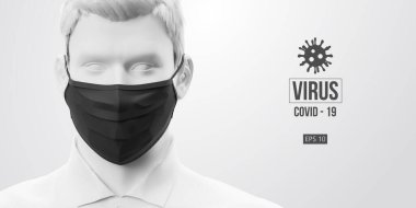 Roman Coronavirus COVID-2019. Beyaz arka planda siyah maskeli beyaz bir adam. Virüs 2019-nCoV logosu. Evde kal. Evden çalışıyorum. Tıbbi maske ve virüs koruması. Vektör illüstrasyonu