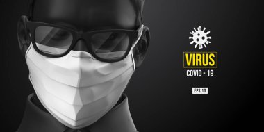 Roman Coronavirus COVID-2019. Siyah arka planda beyaz maskeli siyah elbiseli adam. Virüs 2019-nCoV logosu. Evde kal. Evden çalışıyorum. Tıbbi maske ve virüs koruması. Vektör illüstrasyonu