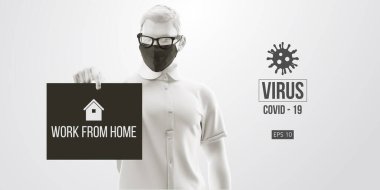 Roman Coronavirus COVID-2019. Beyaz arka planda siyah maskeli beyaz bir adam. Virüs 2019-nCoV logosu. Evde kal. Evden çalışıyorum. Tıbbi maske ve virüs koruması. Vektör illüstrasyonu