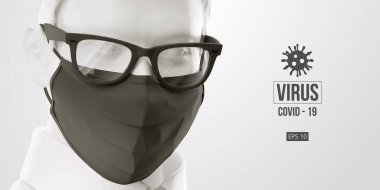 Roman Coronavirus COVID-2019. Beyaz arka planda siyah maskeli beyaz bir adam. Virüs 2019-nCoV logosu. Evde kal. Evden çalışıyorum. Tıbbi maske ve virüs koruması. Vektör illüstrasyonu
