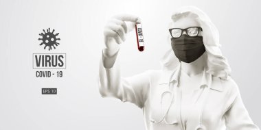 Roman Coronavirus COVID-2019. Beyaz arka planda siyah maskeli bir kadın. Virüs 2019-nCoV logosu. Evde kal. Evden çalışıyorum. Tıbbi maske ve virüs koruması. Vektör illüstrasyonu
