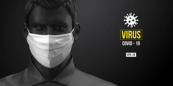 Novel coronavirus COVID-2019 (dalam bahasa Inggris). Pria dengan warna hitam bertopeng putih dengan latar belakang hitam. Logo Virus 2019-nCoV. Tinggal di rumah. Bekerja dari rumah. Topeng medis dan perlindungan virus. Ilustrasi vektor - Stok Vektor