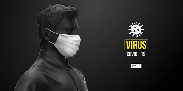 Romanzo coronavirus COVID-2019. Uomo in colore nero in maschera bianca su sfondo nero. Virus 2019-nCoV logo. Resta a casa. Lavora da casa. Maschera medica e protezione dai virus. Illustrazione vettoriale — Vettoriale Stock