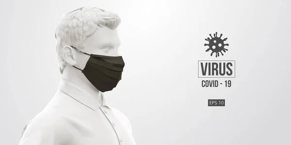 Novel coronavirus COVID-2019 (dalam bahasa Inggris). Pria bertopeng hitam dengan warna putih dengan latar belakang putih. Logo Virus 2019-nCoV. Tinggal di rumah. Bekerja dari rumah. Topeng medis dan perlindungan virus. Ilustrasi vektor - Stok Vektor